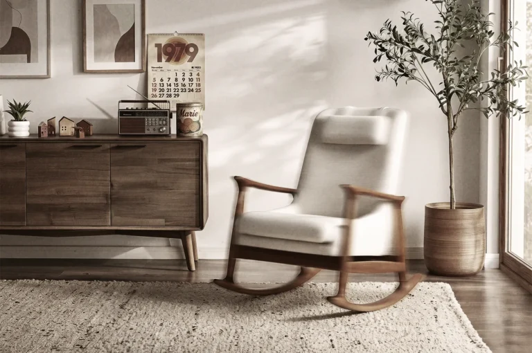 Modern wooden rocking chair with white cushions gently motion-blurred in a living room next to a wooden credenza and vintage 1979 wall calendar.