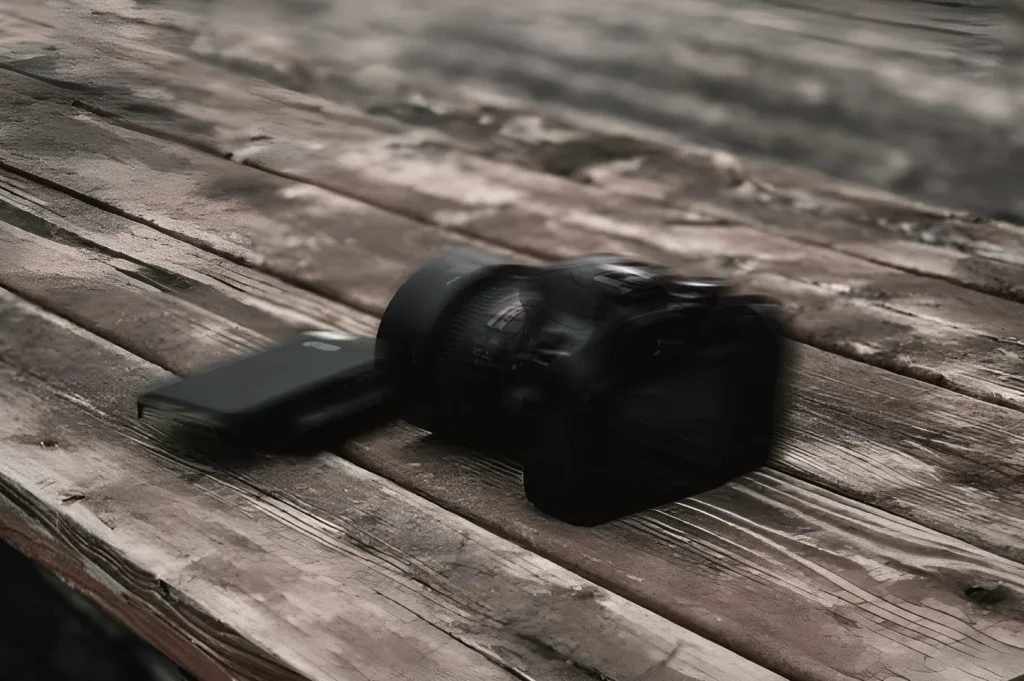 Black DSLR camera resting horizontally beside a smartphone on rustic weathered wooden planks.