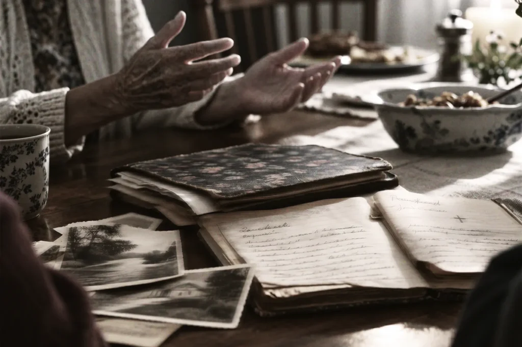 Elderly person sharing memories over handwritten journals, old photographs, and a floral teacup, symbolizing nostalgia and storytelling.