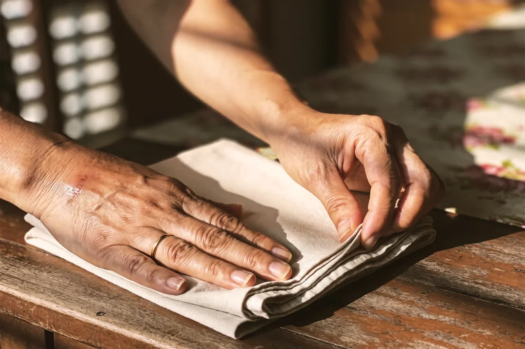 Elderly hands with a gold ring neatly folding a beige cloth napkin on a rustic wooden table in soft sunlight.