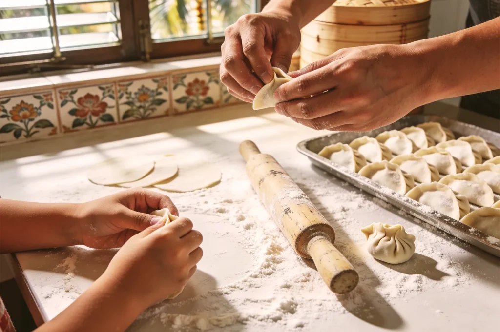 Adult and child hands shaping homemade dumplings together on a flour-covered kitchen counter with a rolling pin and baking tray.