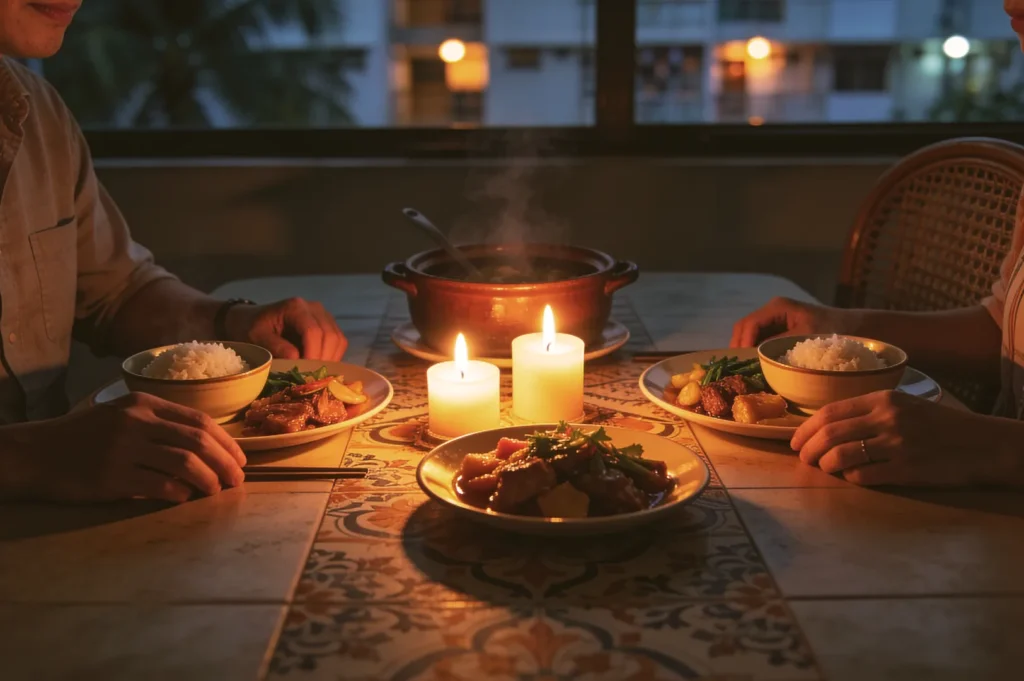 Two people seated across a patterned tiled dining table with lit pillar candles, bowls of rice, hot pot, and home-cooked entrees.   